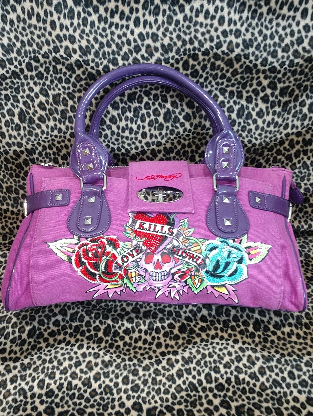 Ed Hardy Purple Skull & Rose Embroidered Shoulder Bag